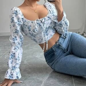 Womens Elegant Floral Square Neck Blouse With Drawstring